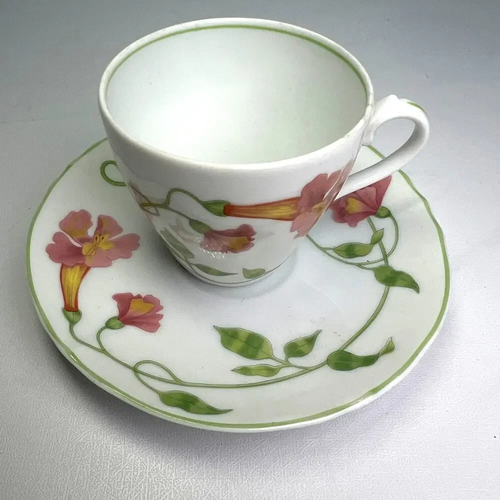 Denby-Langley Your Majesty Flat Demitasse Porcelain Cup Saucer Set Trumpet Vine